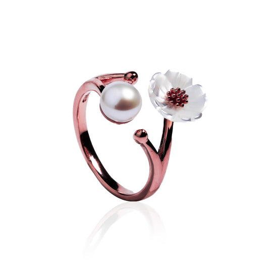 RoseGold Bud Pearl Flower Silver Ring