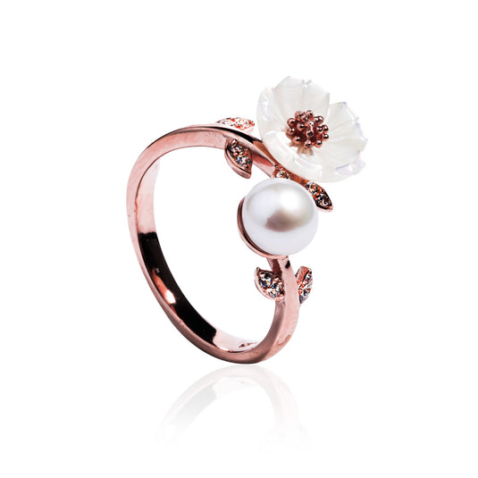 RoseGold Leaf Pearl Flower Ring