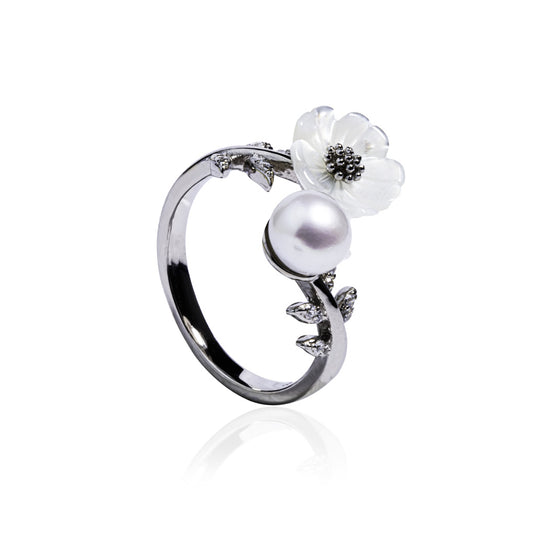 Silver Twigs Pearl Flower Ring