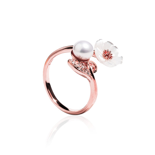 RoseGold Pearl Flower Silver Ring