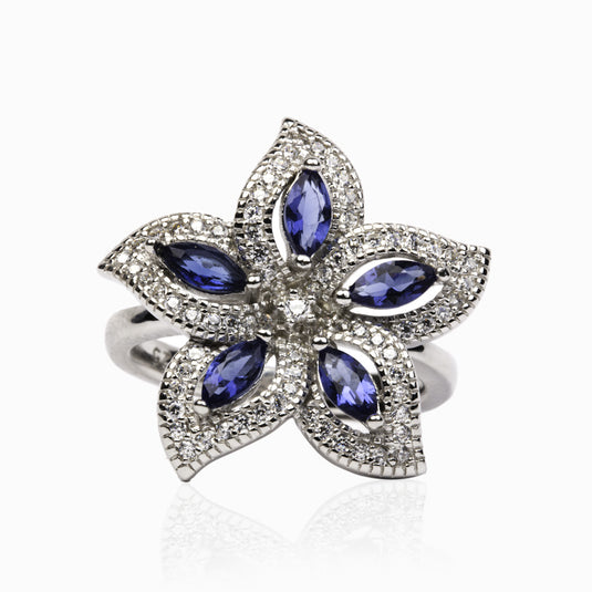 Five Petal Sapphire Blue Luxury Zircon Ring