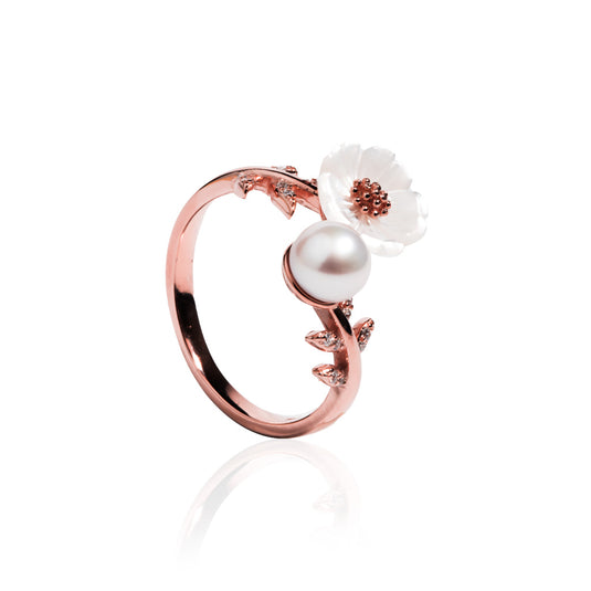 RoseGold Leaf Pearl Flower Silver Ring