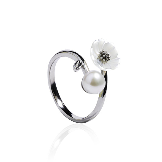 Silver Bud Pearl Flower Ring