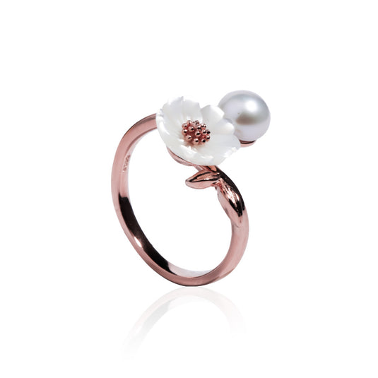 RoseGold Leaf Pearl Flower Ring