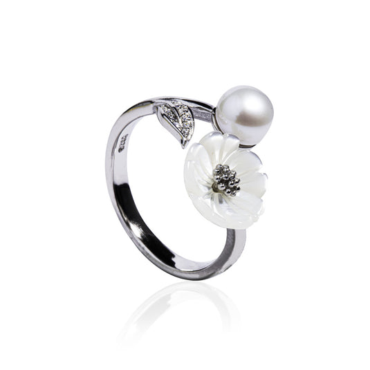 Sliver Leaf Pearl Flower Ring