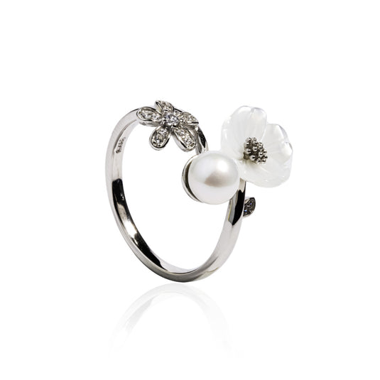 Rose Pearl Flower Silver Ring