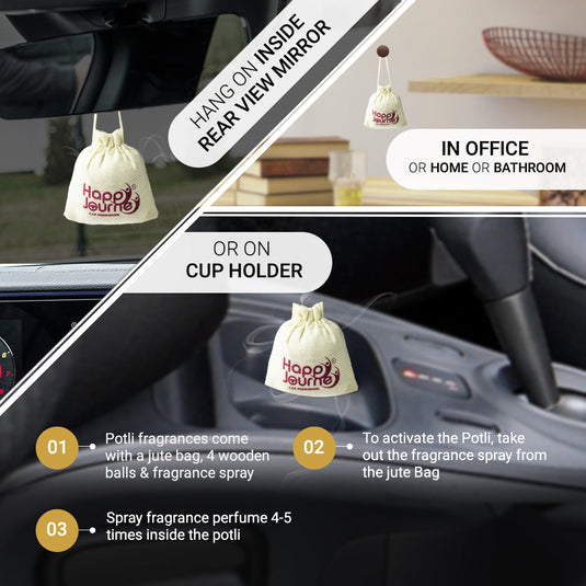Happy Journey Jute Potli Car & Home Air Freshener, Chafa / Mandarin Perfume 10ml Each Hanging Perfume with Essential Oils Spray
