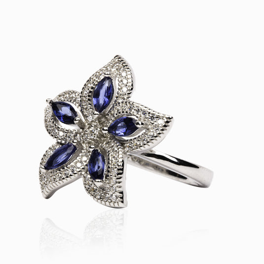 Five Petal Sapphire Blue Luxury Zircon Ring