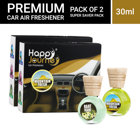 Happy Journey Mountain Fresh/Raat Rani 15ml each Wooden Diffuser Car Freshener, with Essential Oils (Combo Pack of 2)