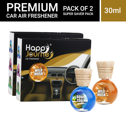 Happy Journey Wild Musk / Aqua Cool 15ml each Wooden Diffuser Car Freshener, with Essential Oils (Combo Pack of 2)