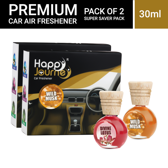 Happy Journey Wild Musk / Divine Lotus 15ml each Wooden Diffuser Car Freshener, with Essential Oils (Combo Pack of 2)