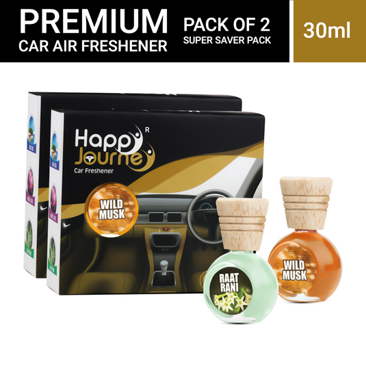 Happy Journey Wild Musk / Raat Rani 15ml each Wooden Diffuser Car Freshener, with Essential Oils (Combo Pack of 2)