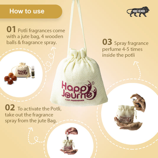 Happy Journey Jute Potli Car & Home Air Freshener, Chafa / Royal Oudh Perfume 10ml Each Hanging Perfume with Essential Oils Spray