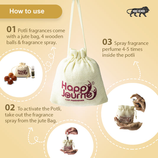 Happy Journey Jute Potli Car & Home Air Freshener, Chafa / Mandarin Perfume 10ml Each Hanging Perfume with Essential Oils Spray