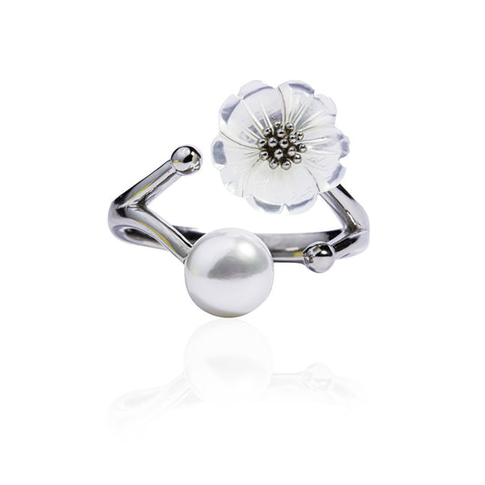 Silver Bud Pearl Flower Ring