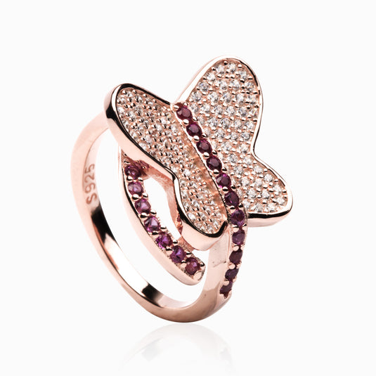 Butterfly RoseGold Ruby Red Veil tail Ring