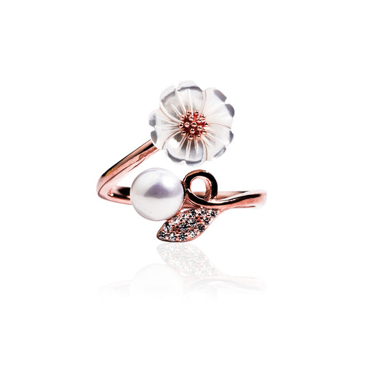 RoseGold Pearl Flower Silver Ring