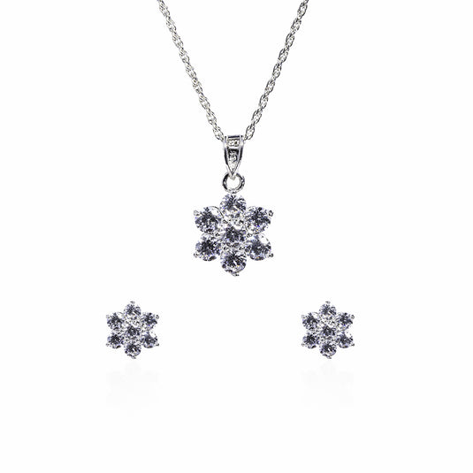 Zircon Floral Pendant with Chain and Earrings