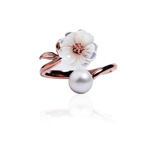 RoseGold Leaf Pearl Flower Ring