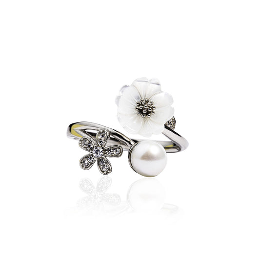 Rose Pearl Flower Silver Ring