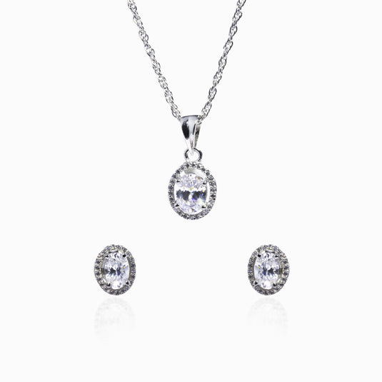 Oval Solitaire Side Studded Zircon Earring and Pendant