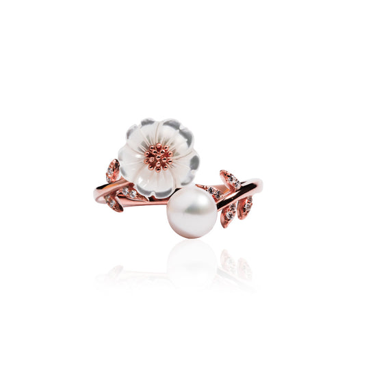RoseGold Leaf Pearl Flower Silver Ring