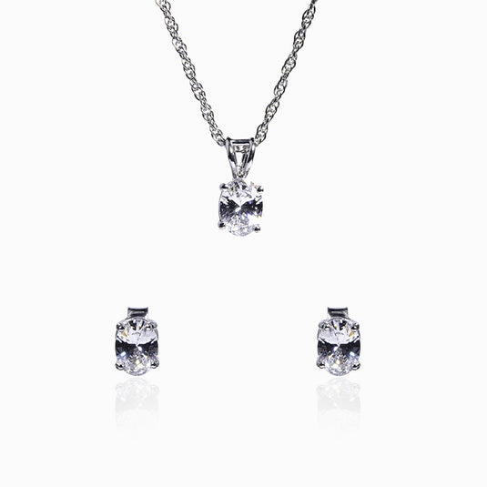 Oval Solitaire Zircon studs and Pendant with Chain