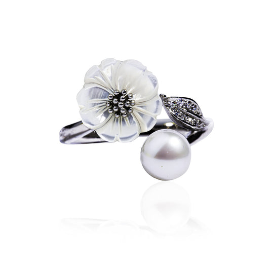 Sliver Leaf Pearl Flower Ring