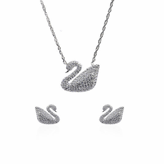 Swan Clustered Zircon Earrings and Pendant with Chain