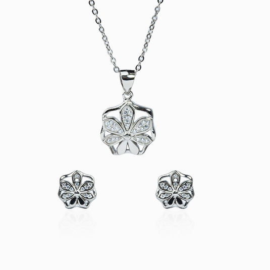 Zircon Dazzling Flower Studs with Pendant and Chain