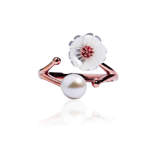 RoseGold Bud Pearl Flower Silver Ring