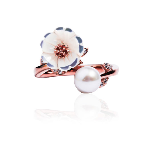 RoseGold Leaf Pearl Flower Ring