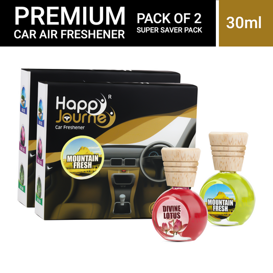 Happy Journey Mountain Fresh / Divine Lotus 15ml each Wooden Diffuser Car Freshener, with Essential Oils (Combo Pack of 2)