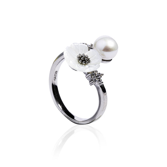 Zircon Pearl Flower Silver Ring