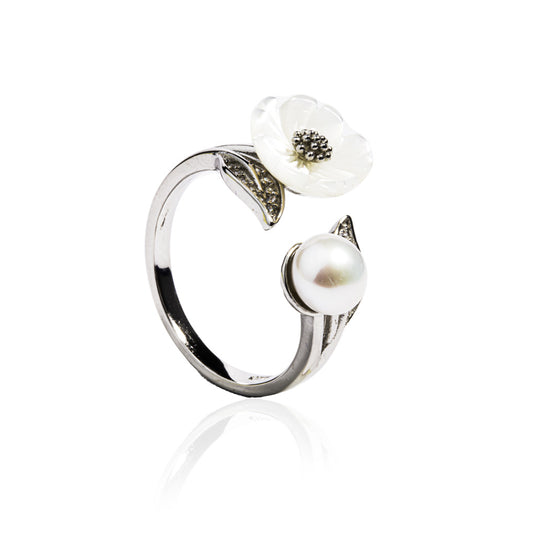 Pearl Flower Leaf Silver Ring