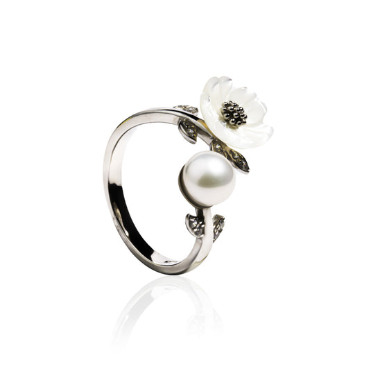 Leaf Pearl Flower Silver Ring