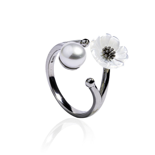 Silver Bud Pearl Flower Ring