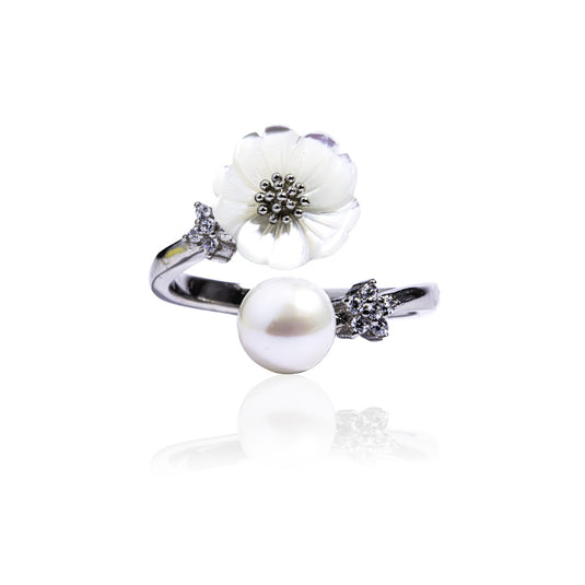 Zircon Pearl Flower Silver Ring