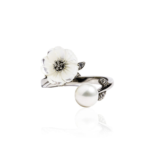 Leaf Pearl Flower Silver Ring