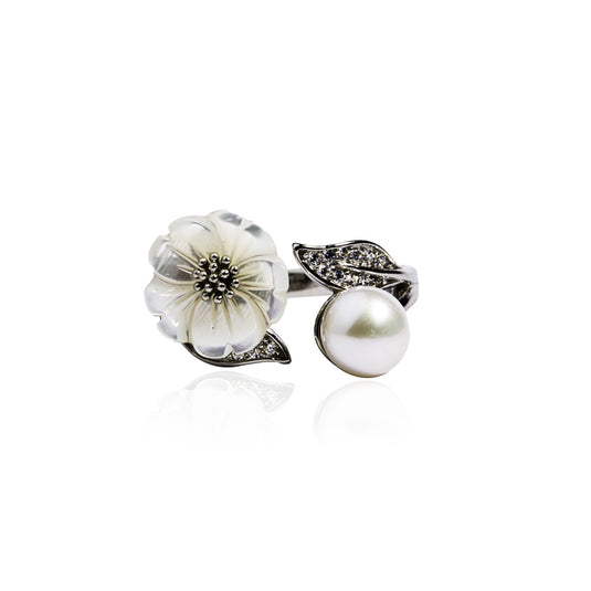 Pearl Flower Leaf Silver Ring