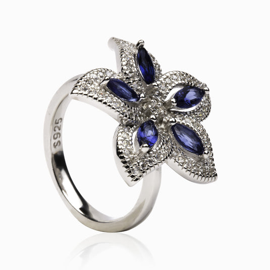 Five Petal  Sapphire Blue Luxury Zircon Ring